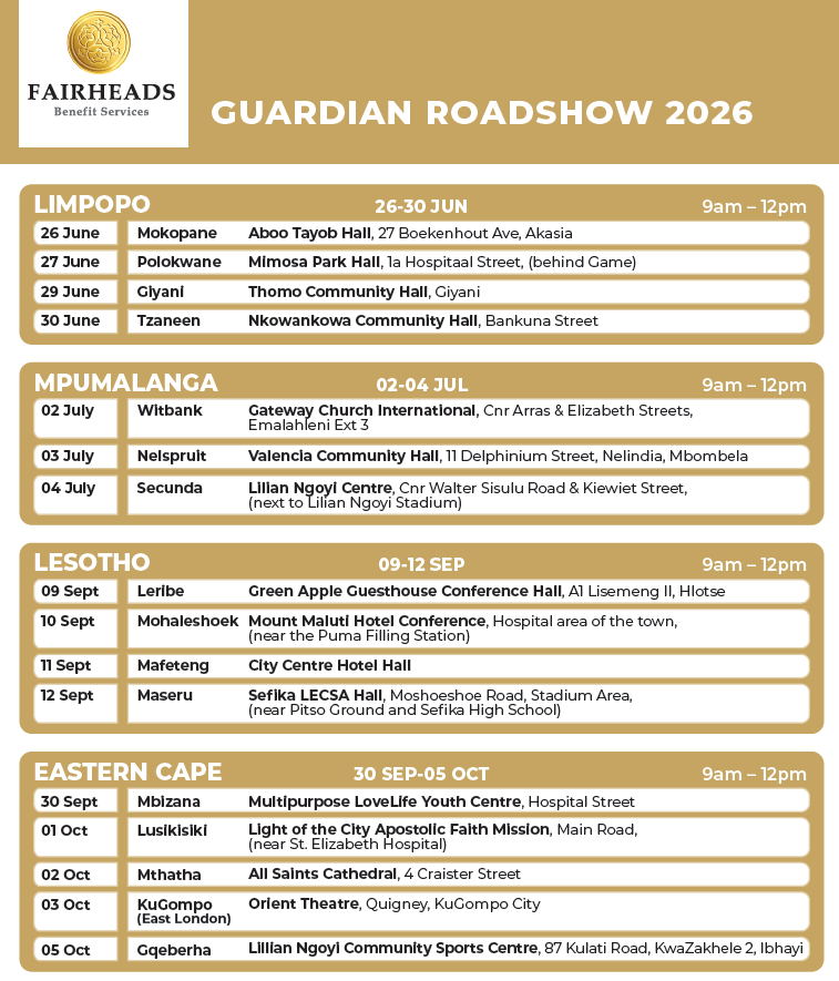Guardian Roadshow schedule 2026